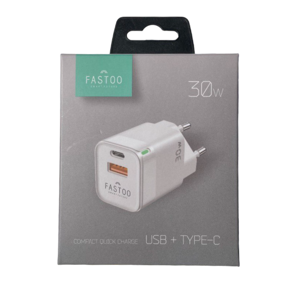 картинка Сетевое зарядное устройство Fastoo Compact Quick Charger USB-A+USB-C 30W от магазина Fastoo